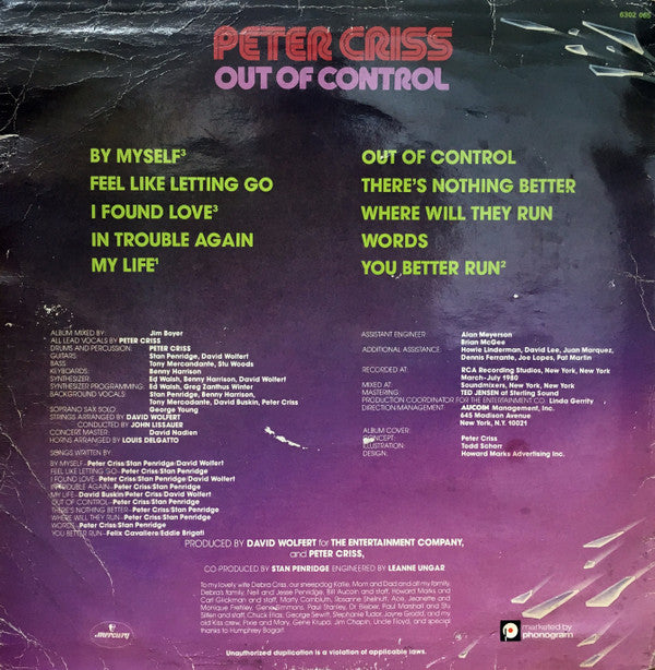 Peter Criss : Out Of Control (LP, Album)