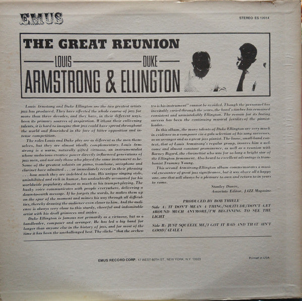 Louis Armstrong & Duke Ellington : The Great Reunion Of Louis Armstrong & Duke Ellington (LP, Album, RE)