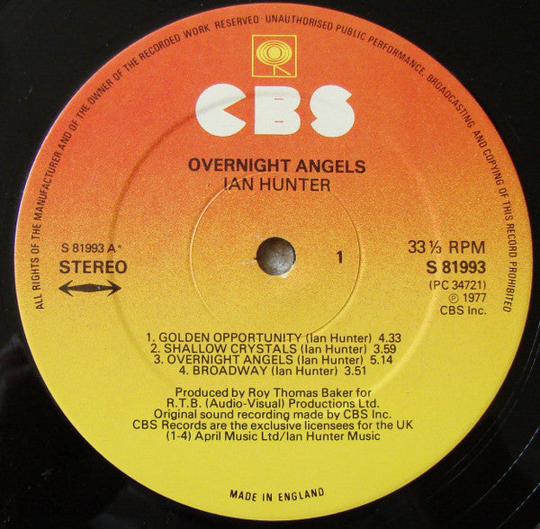 Ian Hunter : Overnight Angels (LP, Album, Gat)